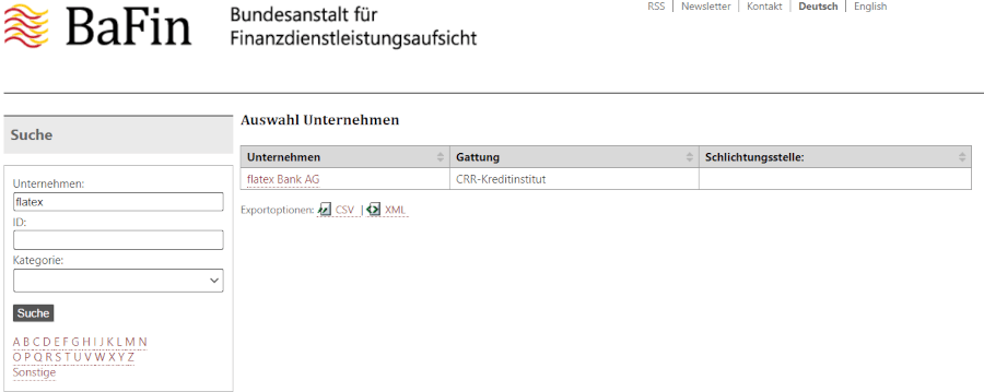 Screenshot der Unternehmensdatenbank der BaFin